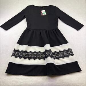 Soprano 3/4 Sleeve Lace Trim Fit and Flare Party Dress Black Size L